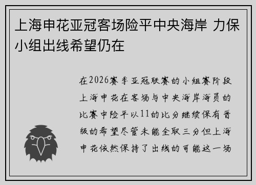 上海申花亚冠客场险平中央海岸 力保小组出线希望仍在